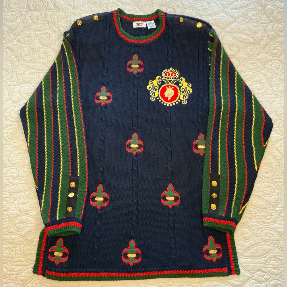 Vintage Lucia Navy Blue Sweater French Fleur De Lis medallions & Cameo Crest